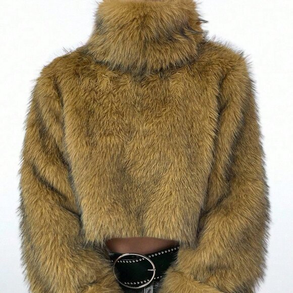 Camel Women's Long Sleeve fluffy faux fur Warm Jacket - Picture 7 of 7